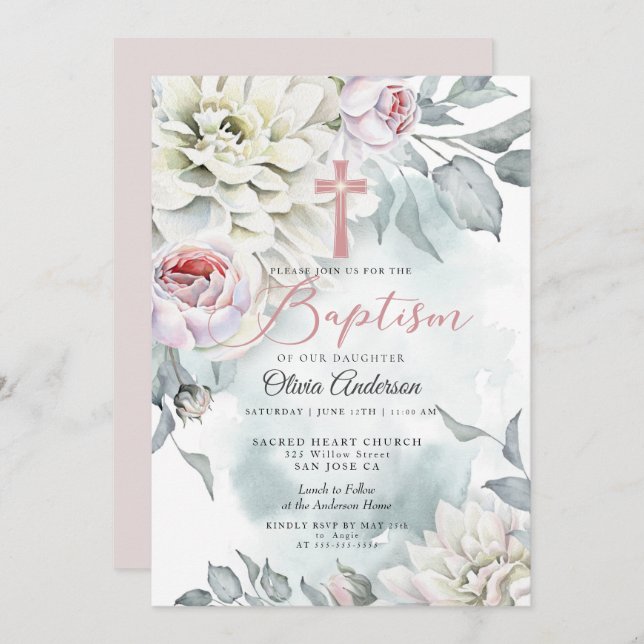 BAPTISM | Blush Pink Floral Cross Invitation (Front/Back)