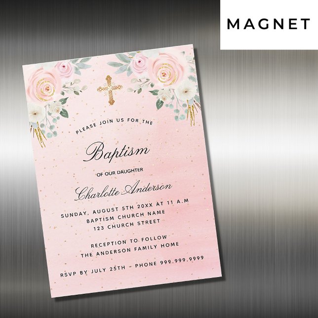 Baptism blush pink floral girl luxury magnetic invitation (Creator Uploaded)