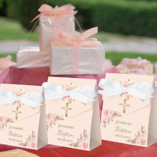Baptism blush pink floral pampas grass rose gold favor box