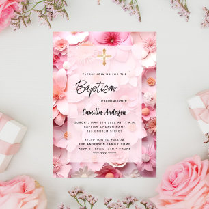 Baptism blush pink flowers baby girl invitation postcard
