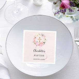 Baptism blush pink girl florals wreath cross napkin
