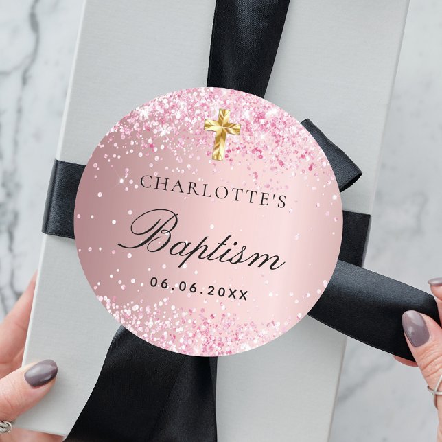 Baptism blush pink girl gold cross classic round sticker (Creator Uploaded)