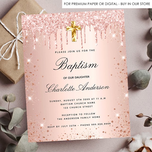 Baptism blush rose gold glitter budget invitation flyer (Creator Uploaded)
