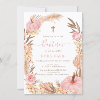 Baptism Boho Pampas Pink Pumpkin Invitation