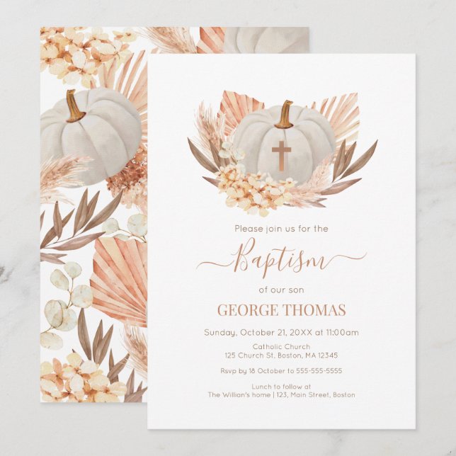 Baptism Boho Pampas white Pumpkin Invitation  (Front/Back)