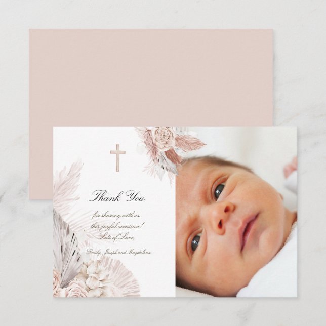 Baptism boho watercolor roses thank you card (Front/Back)