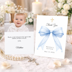 Baptism bow blue pearls photo boy thank you card