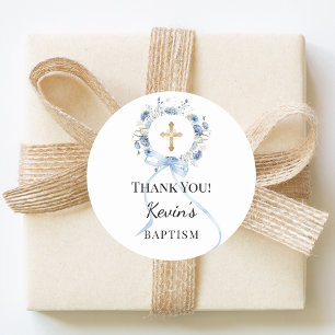 Baptism bow ivory pearls cross thank you classic round sticker