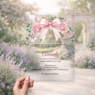 Baptism Bow Pink Florals Girl Cross Premium Acrylic Invitations