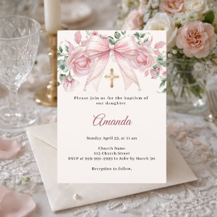 Baptism Bow Pink Ivory Florals Girl Cross Invitation