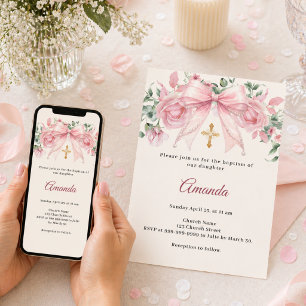 Baptism Bow Pink Ivory Florals Girl Cross Invitation
