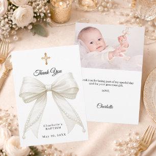 Baptism bow white ivory pearls photo thank you card
