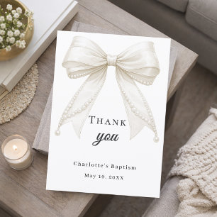 Baptism bow white ivory pearls thank you card