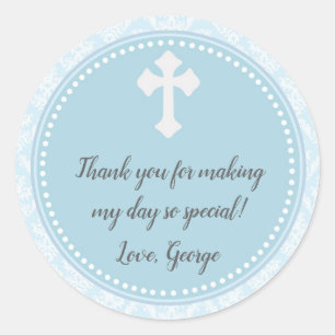 Baptism Boy Blue Damask Gift Favour Label