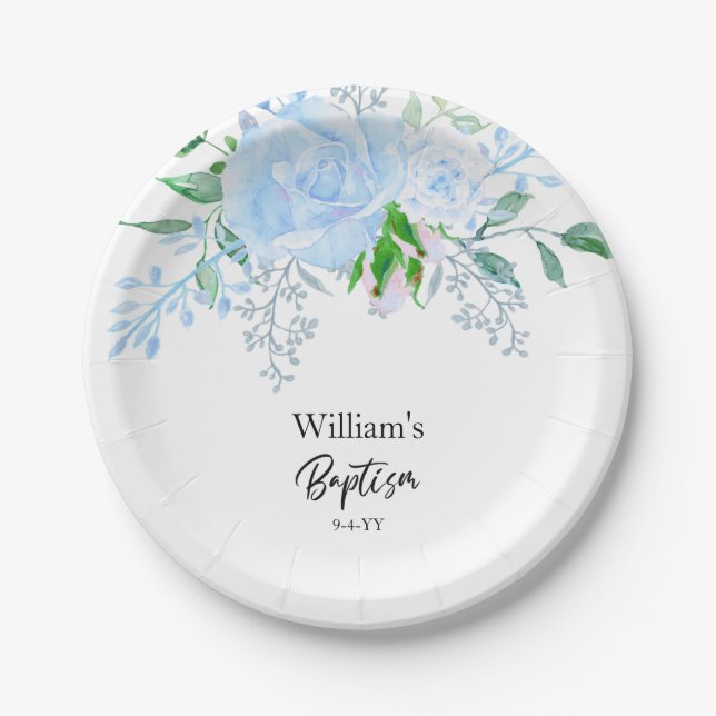 Baptism Boy Blue Floral  Paper Plates (Front)