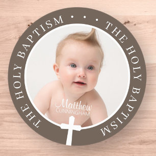 Baptism Boy Custom Photo and Simple White Cross Classic Round Sticker