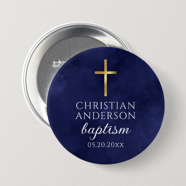 Baptism Boy Elegant Royal Blue 3 Inch Round Button (Front & Back)