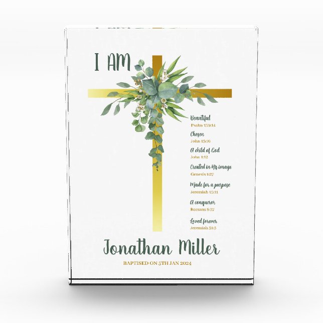 Baptism Boy Eucalyptus Leaves On Crucifix Photo Block (Front)