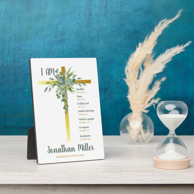Baptism Boy Eucalyptus Leaves On Crucifix Plaque (Side)