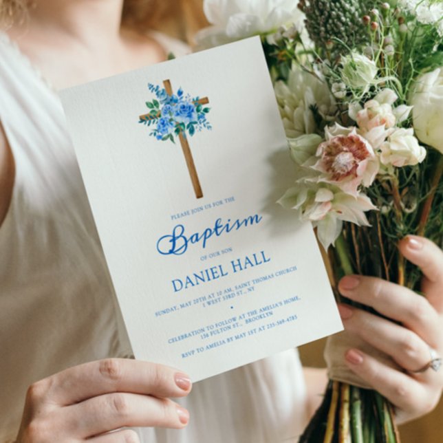 Baptism Boy Modern Rose Dusty Blue  Invitation (Creator Uploaded)