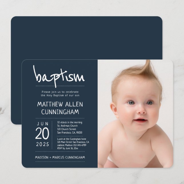 Baptism Boy | Modern + Simple Photo Invitation (Front/Back)