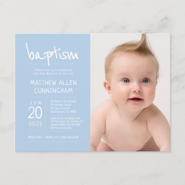 Baptism Boy | Modern + Simple Photo Invitation Postcard (Front)