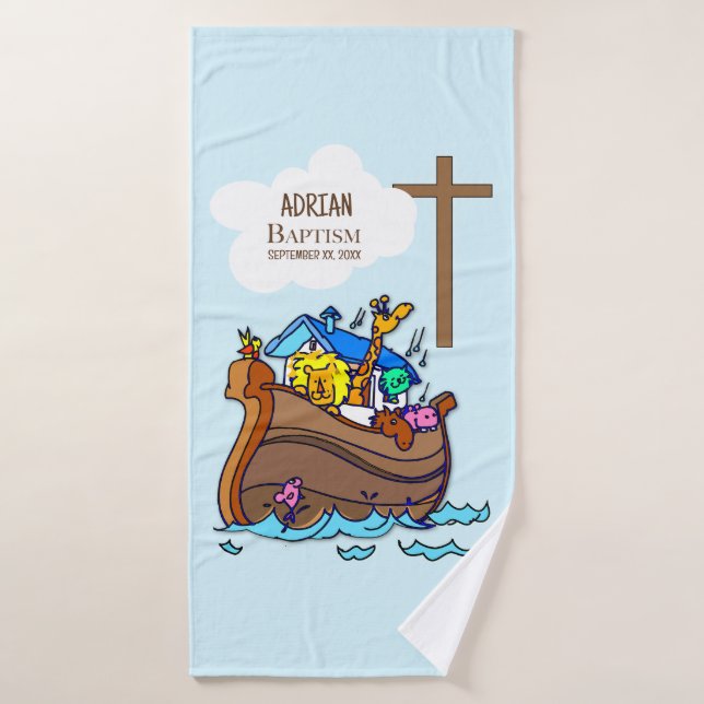 Baptism Boy Noah's Ark, Cute Animals Personalized Bath Towel (Bath Towel)