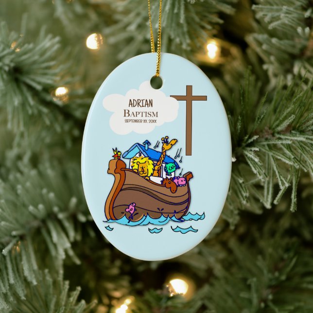 Baptism Boy Noah's Ark, Cute Animals Personalized Ceramic Ornament (Tree)