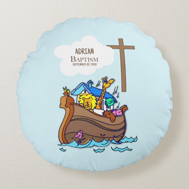 Baptism Boy Noah's Ark, Cute Animals Personalized Round Pillow (Front)