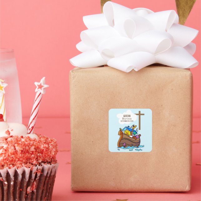 Baptism Boy Noah's Ark, Cute Animals Personalized Square Sticker (Party)