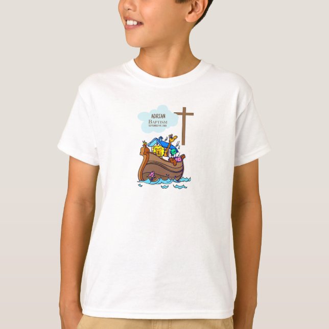 Baptism Boy Noah's Ark, Cute Animals Personalized T-Shirt (Front)