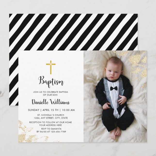 Baptism Boy | Photo Black Gold Strip Invitation (Front/Back)