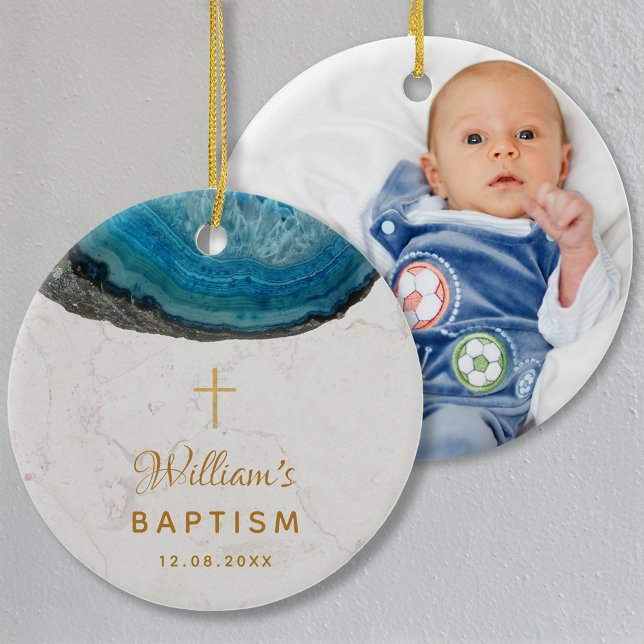 Baptism Boy Photo Blue Geode Marble Gold Cross Ceramic Ornament (Creator Uploaded)