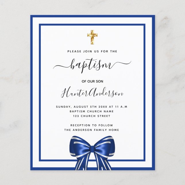 Baptism boy royal blue white bow invitation (Front)