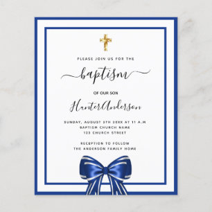 Baptism boy royal blue white bow invitation