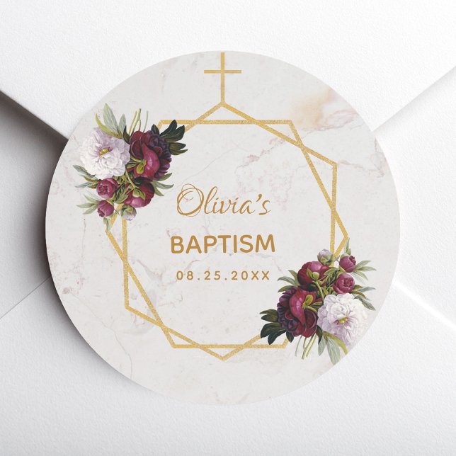 Baptism Burgundy Peonies Marble Gold Geometric Classic Round Sticker (Creator Uploaded)