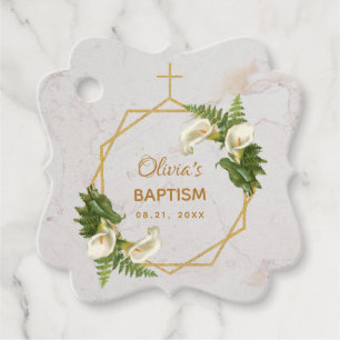 Baptism Calla Lilies Gold Marble Floral Geometric Favour Tags