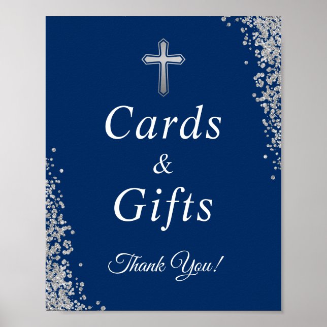 Baptism Cards & Gifts Silver Glitter Navy Blue Poster (Front)