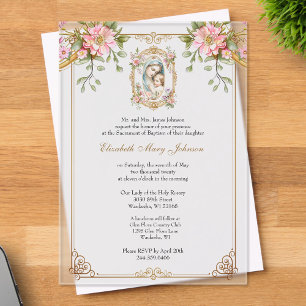 Baptism Catholic Mother Mary Jesus Pink Floral  Acrylic Invitations