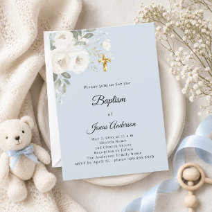 Baptism Celebration blue white florals boy Invitation