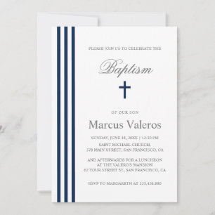 BAPTISM Chic Vertical Striped Navy Blue Cross  Invitation