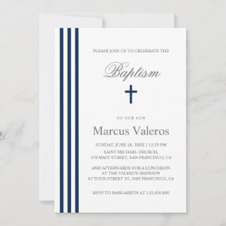 BAPTISM Chic Vertical Striped Navy Blue Cross Invitation