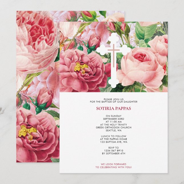 Baptism Christening Baptism Girl Pink Roses Invitation (Front/Back)