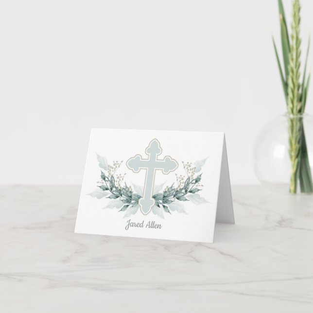 Baptism, Christening Blue Cross Thank You Notes (Front)