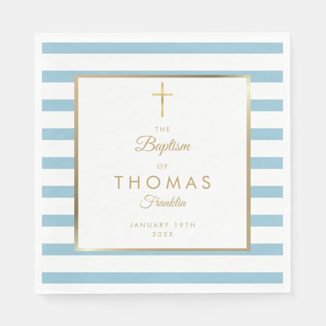 Baptism Christening Blue Stripe Gold Cross Napkin (Front)