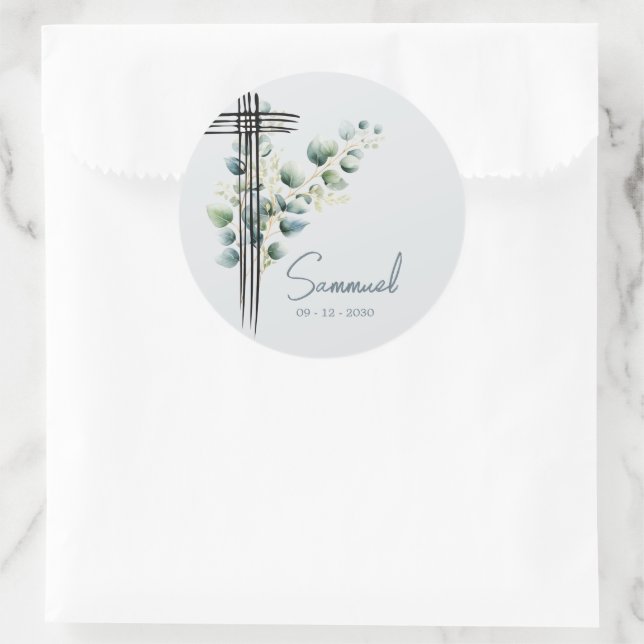 Baptism Christening Boy Modern Botanical Cross Classic Round Sticker (Bag)