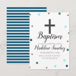 Baptism Christening Confetti Blue Foil Gold Dots Invitation