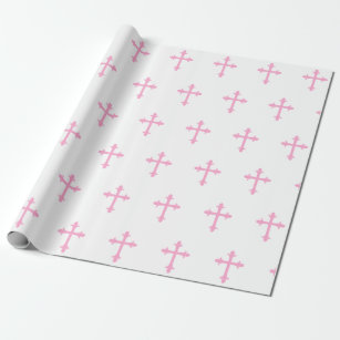 Baptism Christening Cross Confirmation Girl Pink Wrapping Paper