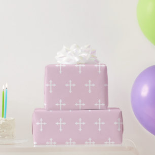 Baptism Christening Cross Confirmation Girl Pink Wrapping Paper