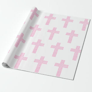 Baptism Christening Cross Confirmation Pink Wrapping Paper